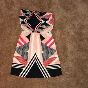 abstract peach and black and white strapless dress